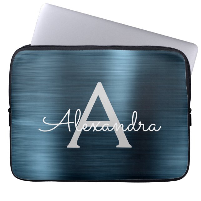 Blue Metallic Modern Chic Stainless Steel Monogram Laptop Sleeve (Front)