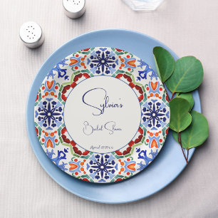 Blue Mexican colorful tiles bridal shower printed Paper Plate