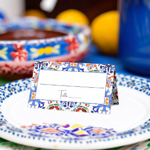 Blue Mexican colourful tiles bridal shower printed Place Card