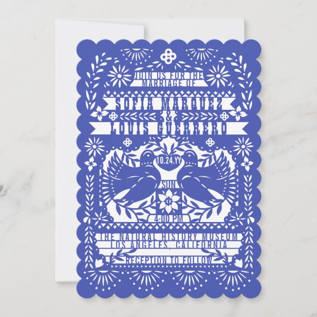 Blue Mexican Fantail Doves Papel Picado Wedding Invitation (Front)