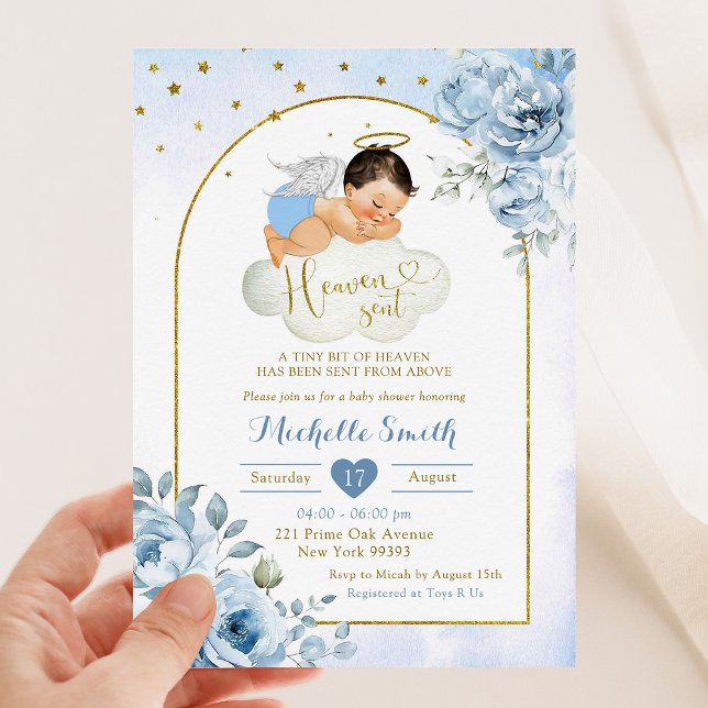 Blue Mexican Little Angel Heaven Sent Baby Shower Invitation (Creator Uploaded)