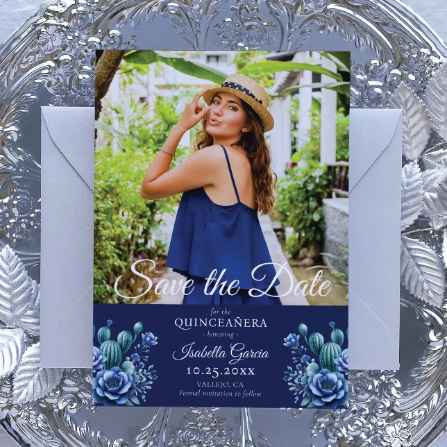 Blue Mexican Style Quinceañera Photo Save the date Announcement (Creator Uploaded)