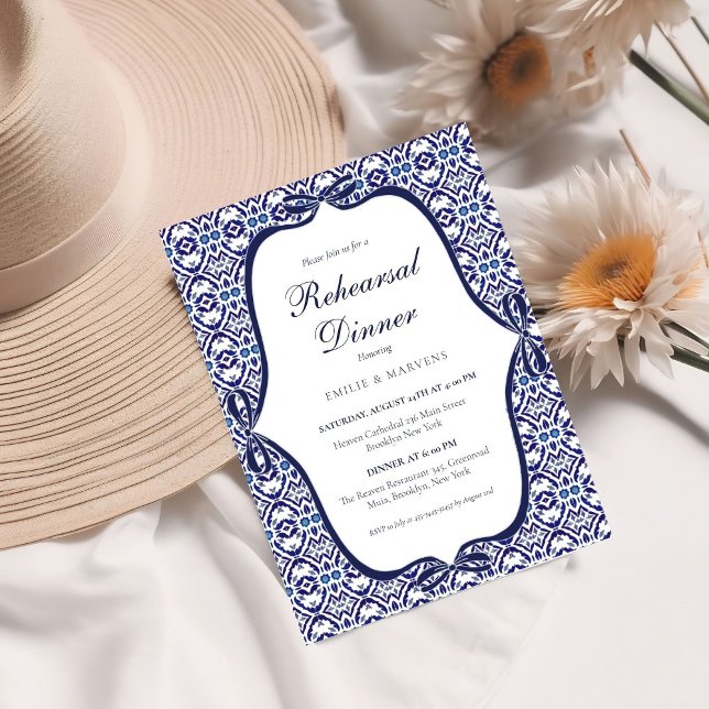 Blue Mexican Talavera Spanish Rehearsal Dinner Invitation (Creator Uploaded)