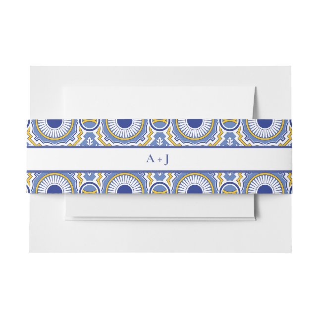 Blue Mexican Talavera Spanish Wedding Invitation Belly Band (Front Example)