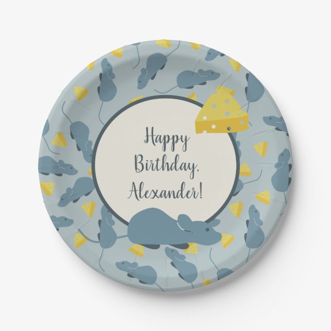 Blue Mice and Cheese Birthday Party Paper Plate (Front)