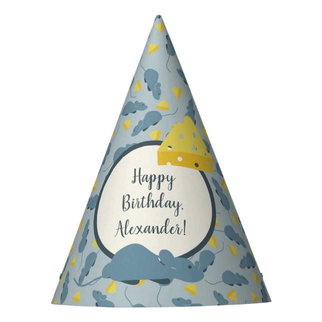 Blue Mice and Yellow Cheese Birthday Party Hat (Front)