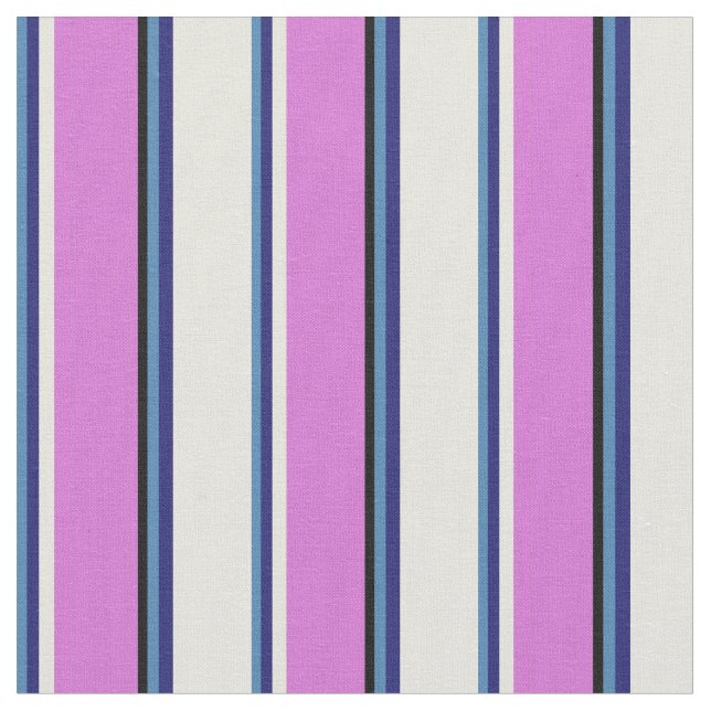 Blue, Midnight Blue, Beige, Orchid & Black Lines Fabric (Close Up)