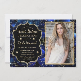 Blue Midnight Crystal Galaxy Sweet Sixteen photo Invitation