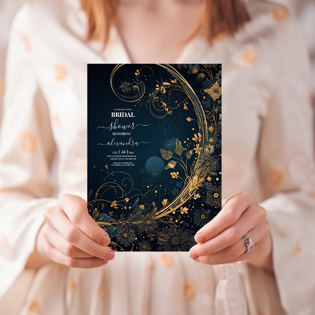 Blue Midnight Gold Celestial Bridal Shower Invitation (Creator Uploaded)