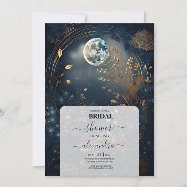 Blue Midnight Gold Celestial Bridal Shower Invitation (Front)