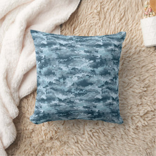 Blue military pixelated camouflage pattern cushion