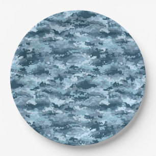Blue military pixelated camouflage pattern paper plate