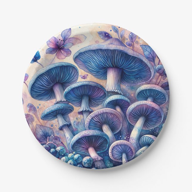 Blue Milk Mushrooms Watercolor Paper Plate (Front)