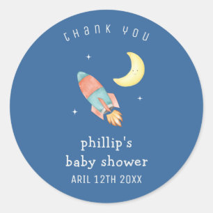 Blue Minimal Boy Over The Moon Rocket Baby Shower Classic Round Sticker