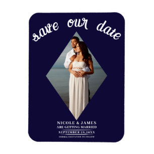 Blue Minimal Diamond Photo Wedding Save the Date Magnet