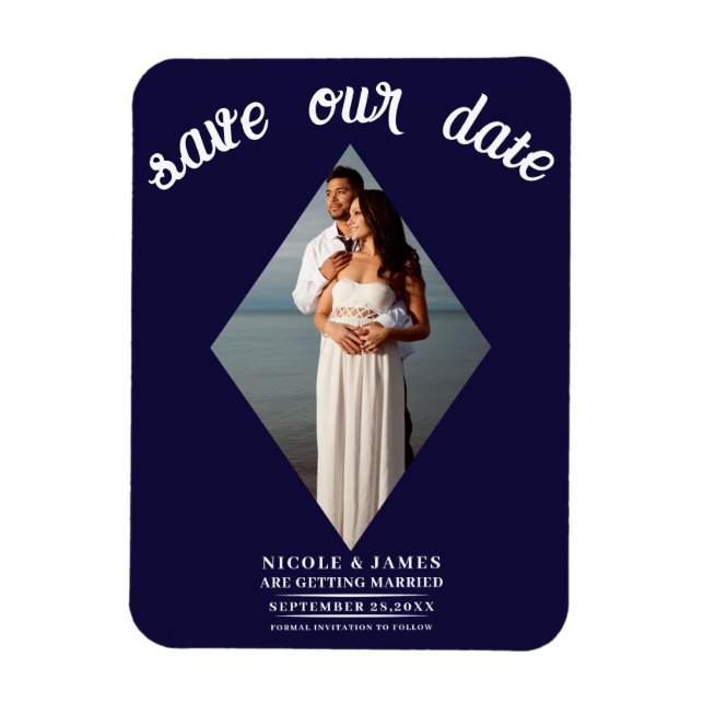 Blue Minimal Diamond Photo Wedding Save the Date Magnet (Vertical)