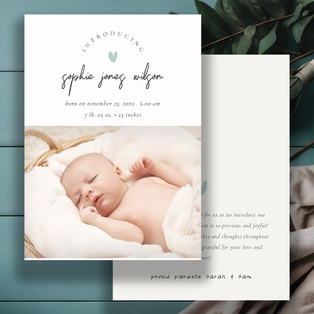 Blue Minimal Heart Script Photo Birth Announcement (Creator Uploaded)