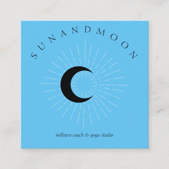 Blue Minimal Modern Celestial Sun Moon Square Business Card (Front)