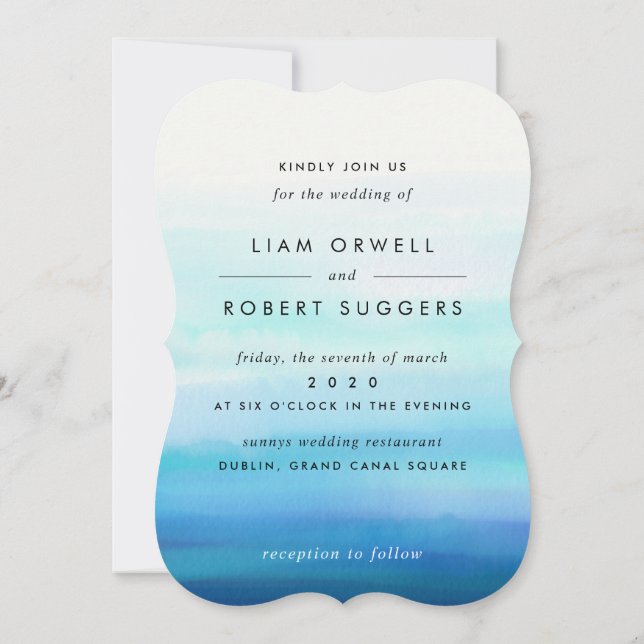 Blue Minimal Watercolor Waves Invitation (Back)