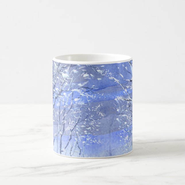 Blue Minimal Winter Forest Watercolor Illustration Coffee Mug (Center)