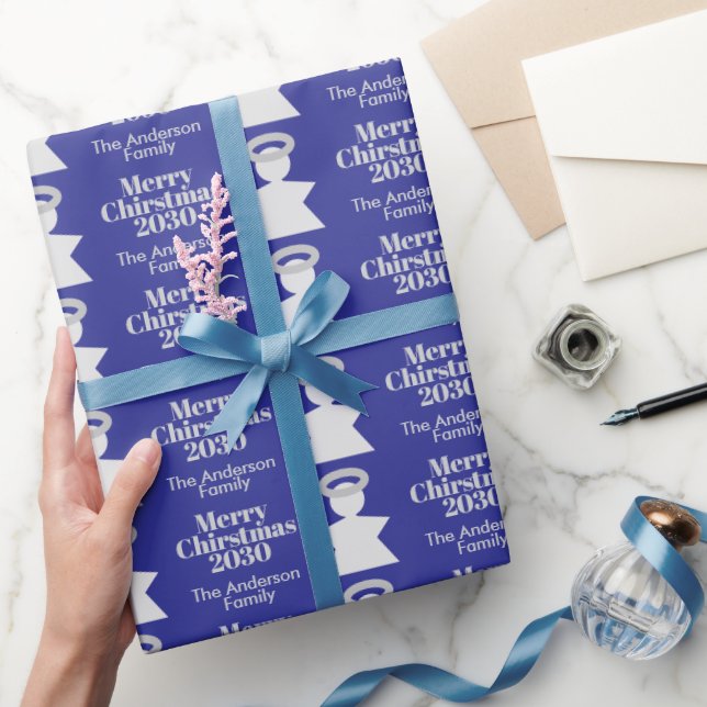 Blue Minimalist Angel Elegant Merry Christmas Text Wrapping Paper (Gifting)