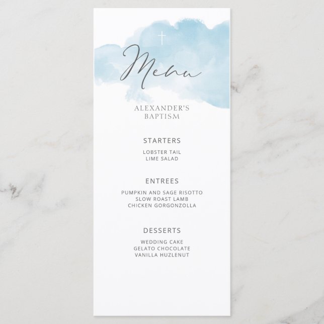 Blue minimalist baby boy baptism menu (Front)