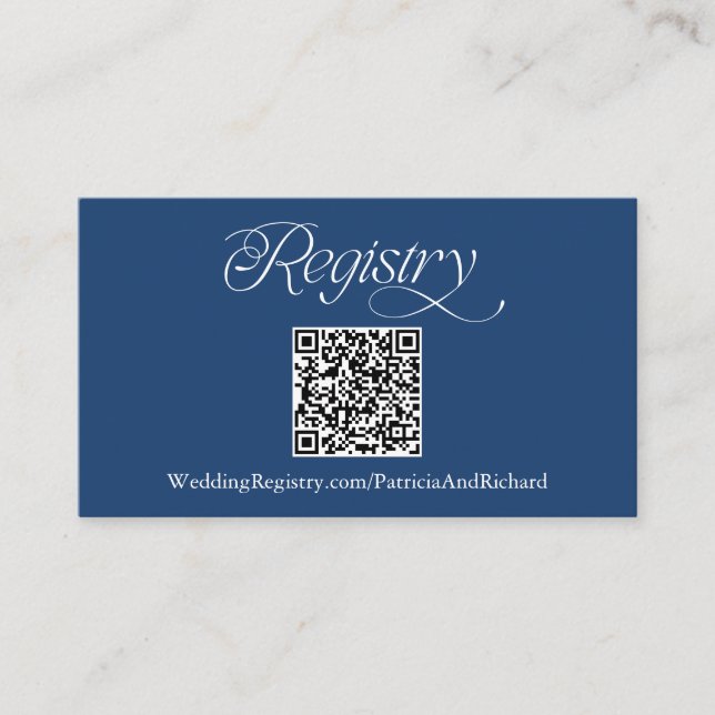 Blue Minimalist Black QR Code Wedding Registry Enclosure Card (Front)