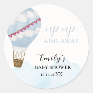 Blue Minimalist Boho Hot Air Balloon Baby Shower  Classic Round Sticker