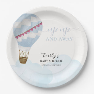 Blue Minimalist Boho Hot Air Balloon Baby Shower Paper Plate