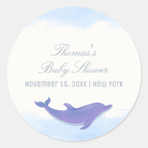 Blue Minimalist Boho Ocean Dolphin Baby Shower Classic Round Sticker
