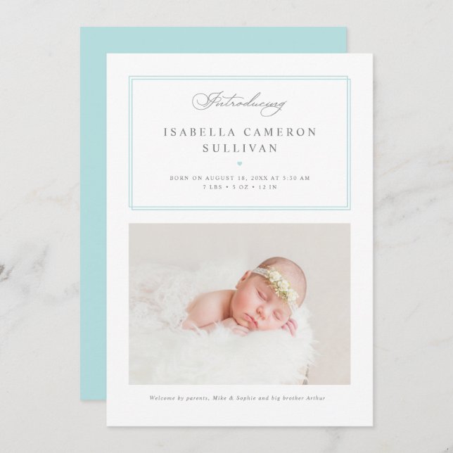 Blue Minimalist Borders Script Photo Baby Birth Announcement (Front/Back)