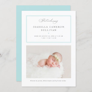 Blue Minimalist Borders Script Photo Baby Birth Announcement