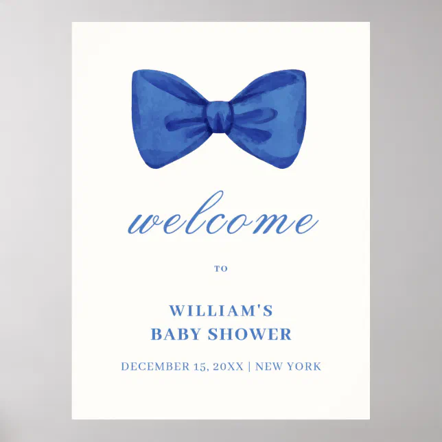 Blue Minimalist Bow Boy Baby Shower Welcome Poster | Zazzle