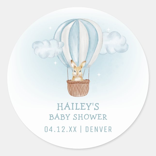 Blue Minimalist Bunny Hot Air Balloon Baby Shower  Classic Round Sticker (Front)