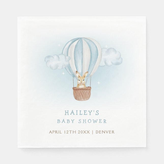 Blue Minimalist Bunny Hot Air Balloon Baby Shower  Napkin (Front)