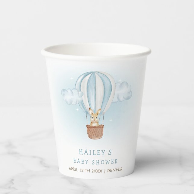 Blue Minimalist Bunny Hot Air Balloon Baby Shower  Paper Cups (Front)