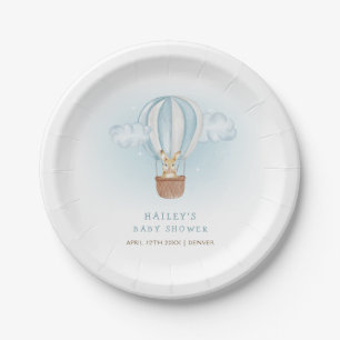 Blue Minimalist Bunny Hot Air Balloon Baby Shower  Paper Plate