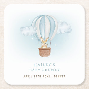 Blue Minimalist Bunny Hot Air Balloon Baby Shower  Square Paper Coaster