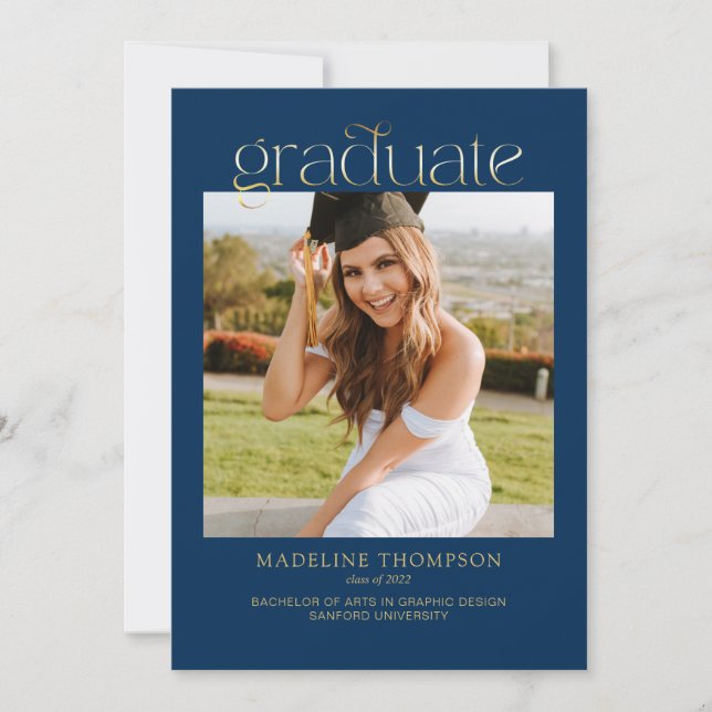Blue Minimalist Classy Photo Collage Graduation Invitation (Front)