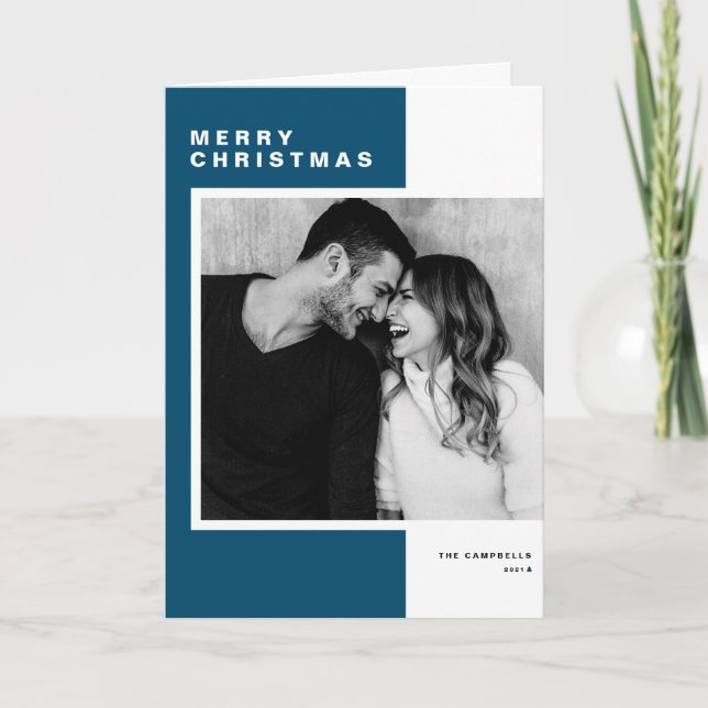 Blue Minimalist Colour Block Merry Christmas Photo Holiday Card (Front)