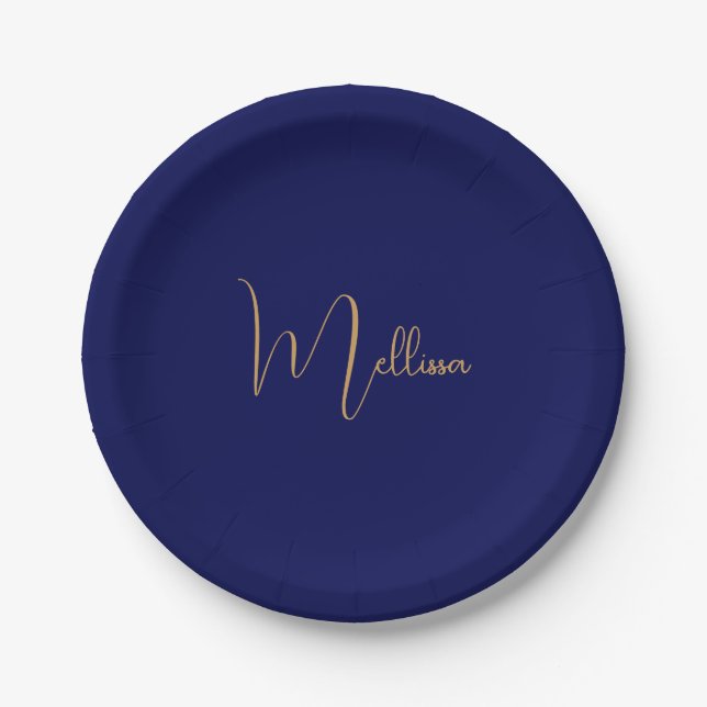 Blue minimalist custom name  paper plate (Front)