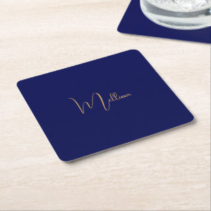 Blue minimalist custom name  square paper coaster
