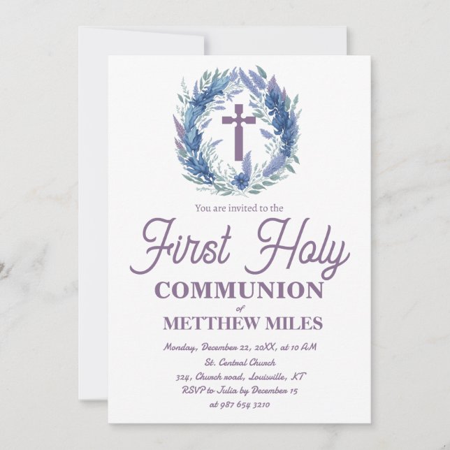 Blue Minimalist floral first catholic communion Invitation (Front)