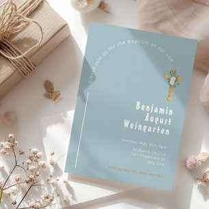 Blue Minimalist Floral Gold Cross Baptism Invitation