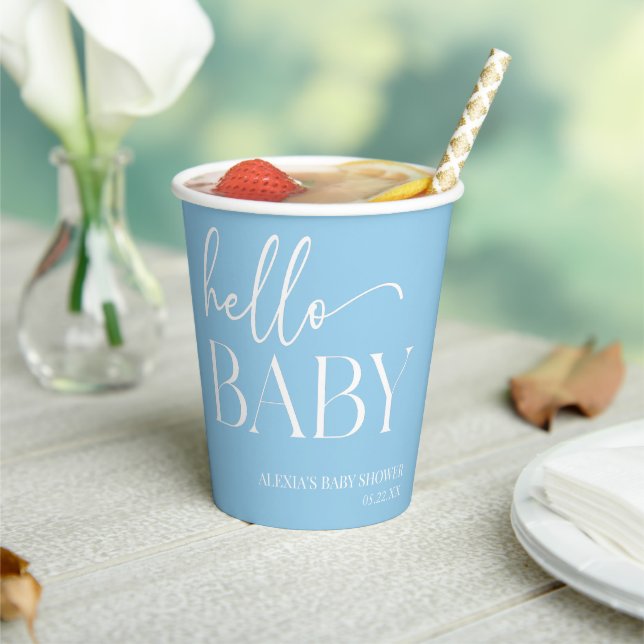 Blue Minimalist Hello Baby Baby Shower Paper Cups (Insitu)