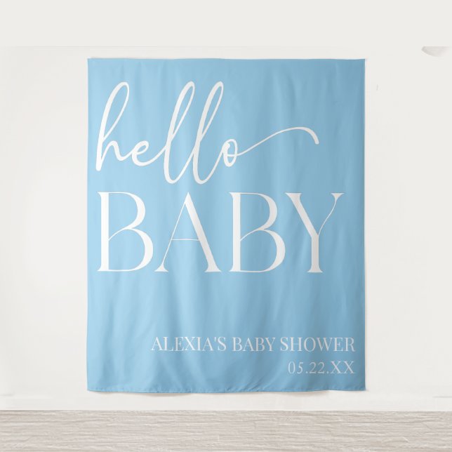 Blue Minimalist Hello Baby Baby Shower Tapestry (Front)