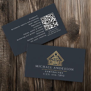Blue Minimalist Home Building Construction QR Code Business Card