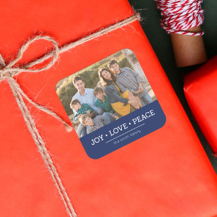 Blue Minimalist Joy Love Peace Holiday Photo Square Sticker