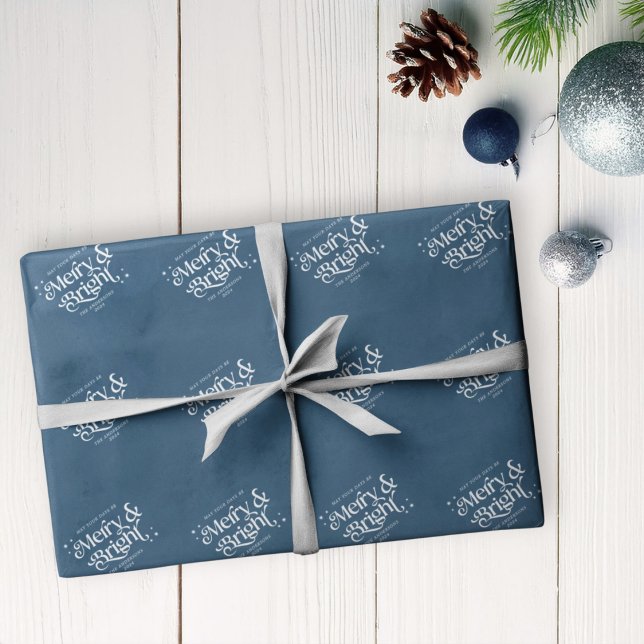 Blue Minimalist Merry & Bright Christmas Wrapping Paper (Mockup view)