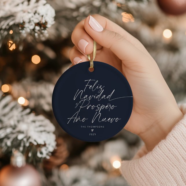 Blue Minimalist Modern Script Feliz Navidad Ceramic Ornament (Creator Uploaded)